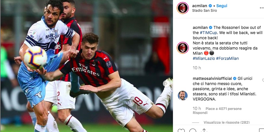 Milan-Lazio, Salvini commenta su Instagram