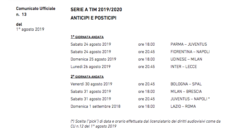 Serie A, programmazione tv 1ª e 2ª giornata 2019/20 