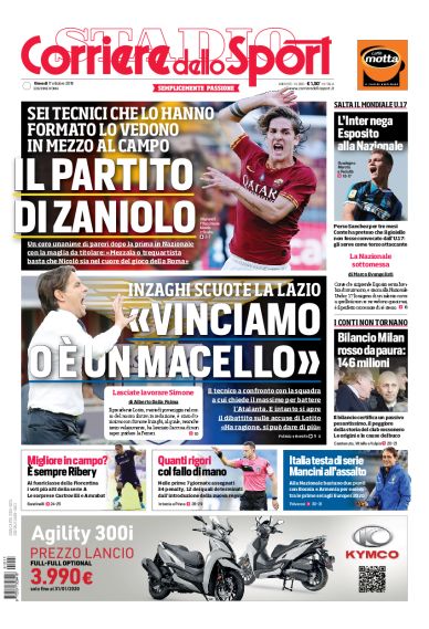 Prima pagina Corriere dello Sport-edizione romana 17 ottobre 2019