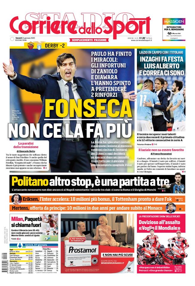 La prima pagina del CorSport Roma: "Inzaghi fa festa"